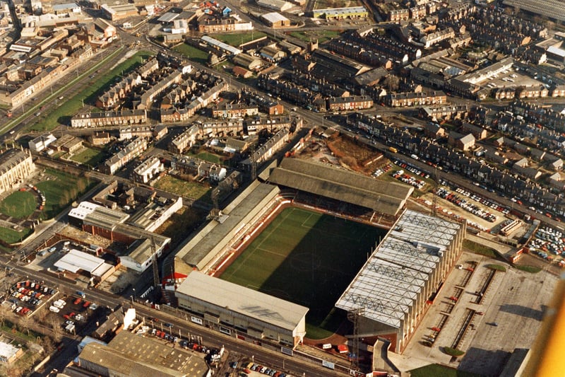 Aerial view of Sheffield United's Bramall Lane ground, Sheffield in the 1990s