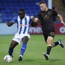 Olufela Olomola of Hartlepool United and Josh Lundstram of Crewe Alexandra in action during the Carabao Cup match between Hartlepool United and Crewe Alexandra at Victoria Park, Hartlepool on Tuesday 10th August 2021. (Credit: Will Matthews | MI News)