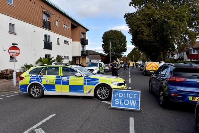 Emergency services at the scene near the Belfairs Methodist Church in Eastwood Road North, Leigh-on-Sea, Essex, where Conservative MP Sir David Amess has reportedly been stabbed. Picture: PA/Nick Ansell.