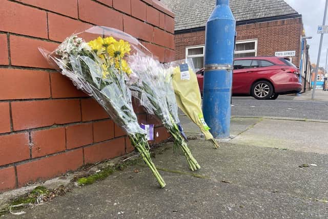 Flowers placed the the junction of Raby Road and Tees Street in memory of Terrence Carney, Hartlepool. Picture by FRANK REID
