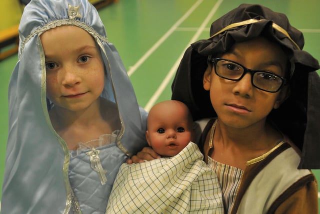 Zoe Bainbridge and Joseph Renney play Mary and Joseph in their 2014 nativity play.