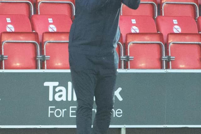 Dave Challinor, Manager of Hartlepool Utd FC issues instructions during the FA Cup match between Salford City and Hartlepool United at Moor Lane, Salford on Saturday 7th November 2020. (Credit: Ian Charles | MI News)