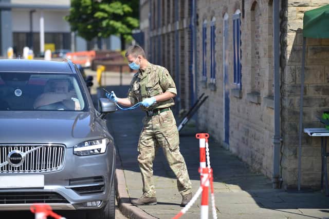 The drive-through coronavirus testing at the National Museum of the Royal Navy in Hartlepool. By FRANK REID
