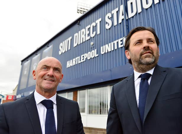 (Left to right) Assistant Manager Gordon Young and Manager Paul Hartley outside of the Suit Direct Stadium. Picture by FRANk REID