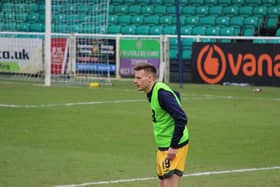 Tom White warming up for Hartlepool United at Eastleigh (photo: HUFC/Alex Chandy)