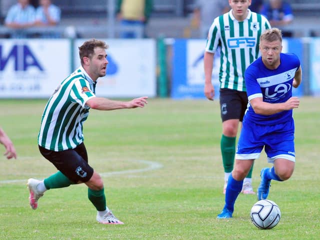 Action from Blyth Spartans v HUFC pre-season friendly. 27-07-2021. Picture by Bernadette Malcolmson
