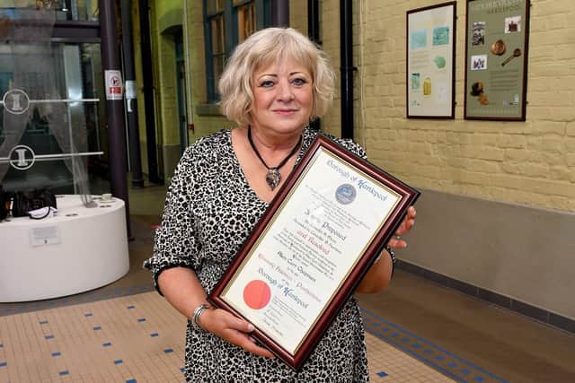 Geraldine Chapman  received the Freedom of the Borough award on behalf of her late husband, Alan, at a special meeting of the council held at the Borough Hall, Headland. Picture by FRANK REID
