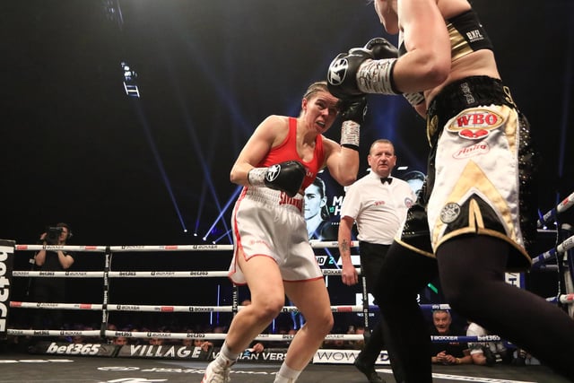 Savannah Marshall looks for an opening against Femke Hermans in her WBO middleweight title defence. Picture by Martin Swinney
