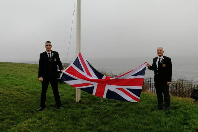 Branch treasurer Stephen Herring, left, and secretary Stephen Shearer, of the Hartlepool Royal Engineers' Association, present the Heugh Battery Museum with a new Union flag in time for the anniversary of the Bombardment of the Hartlepools on December 16.