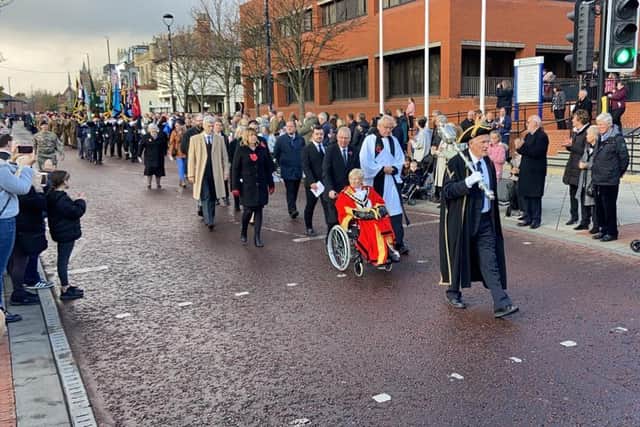 The Ceremonial Mayor of Hartlepool, Councillor Brenda Loynes, towards the front of the Remembrance Sunday parade.