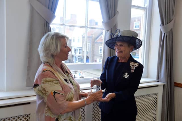 The presentation of the Queens Award for Voluntary Services from Her Majesty's Lord-Lieutenant Sue Snowdon to Trustee Dr Angela Brown, of Hartlepool Carers.