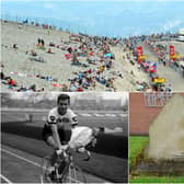 The Tour de France returns to Mont Ventoux, top, in 2021. Tom Simpson, bottom left, collapsed there during the 1967 race and later died. Right, a memorial stone remembers him in his East Durham birthplace.