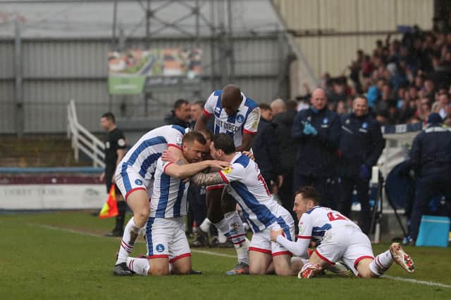 Nicky Featherstone celebrated his first goal of the season for Hartlepool United against Stevenage. (Photo: Mark Fletcher | MI News)