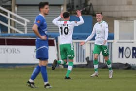 Tom Knowles of Yeovil Town celebrates after scoring their first goal  during the Vanarama National League match between Hartlepool United and Yeovil Town at Victoria Park, Hartlepool on Saturday 20th February 2021. (Credit: Mark Fletcher | MI News)