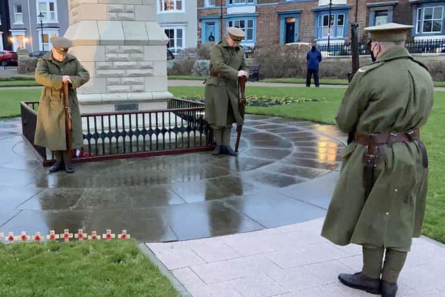 Members of the Durham Pals Re-enactment Group at the Redheugh Gardens War Memorial.