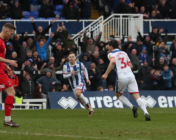 Hartlepool United's Connor Jennings runs away to celebrate after scoring against Leyton Orient (Photo: Mark Fletcher | MI News)