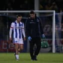 Jamie Sterry was forced off in Hartlepool United's recent defeat to Mansfield Town. (Credit: Michael Driver | MI News)