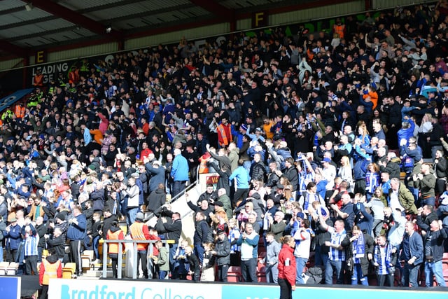 Hartlepool United fans celebrate the opening goal at Valley Parade. (Photo: Scott Llewellyn | MI News)