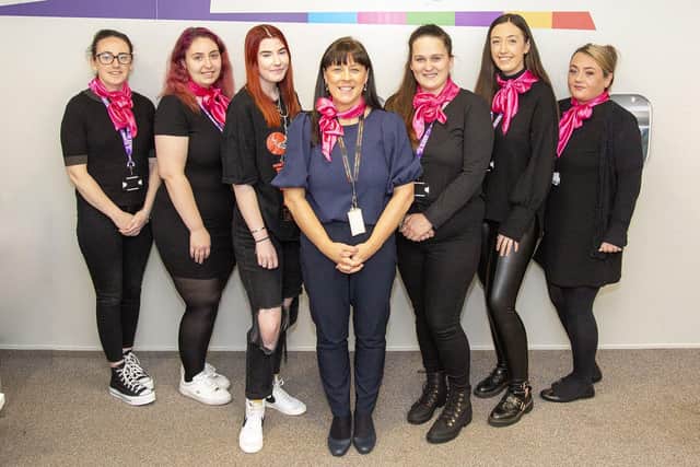 From left, Lucy Price, Leah Douglas, Emma Harrington, module leader Katherine Allen, Jasmine Wilson, Suzanne Bird, and Eden Wormald, at Hartlepool College of Further Education ahead of their upcoming charity event.