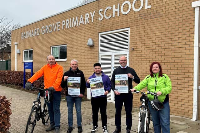Gil Parker, Alice House Hospice fundraiser, Lee Walker, headteacher at Barnard Grove Primary School, Phil Holbrook, from #TeamHolbrook and Steve & Mandy Bell, from SMB Training.
