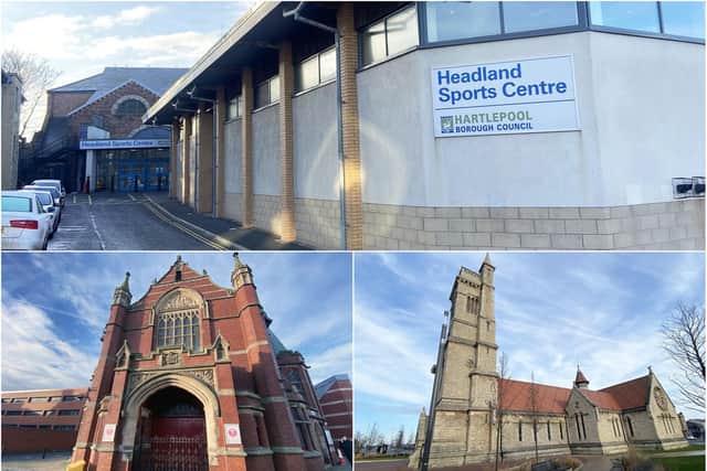 Clockwise from top, Headland Sports Centre, Hartlepool Art Gallery and Hartlepool Town Hall Theatre.