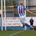Hartlepool United's Mark Cullen celebrates after scoring their second goal during the Sky Bet League 2 match between Hartlepool United and Harrogate Town at Victoria Park, Hartlepool on Sunday 24th October 2021. (Credit: Mark Fletcher | MI News)