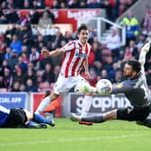 STOKE ON TRENT, ENGLAND - MARCH 30: Bojan Krkic of Stoke City attempts a shot at goal and misses during the Sky Bet Championship match between Stoke City and Sheffield Wednesday at Bet365 Stadium on March 30, 2019 in Stoke on Trent, England. (Photo by Nathan Stirk/Getty Images)