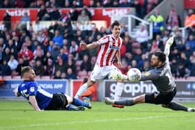 STOKE ON TRENT, ENGLAND - MARCH 30: Bojan Krkic of Stoke City attempts a shot at goal and misses during the Sky Bet Championship match between Stoke City and Sheffield Wednesday at Bet365 Stadium on March 30, 2019 in Stoke on Trent, England. (Photo by Nathan Stirk/Getty Images)