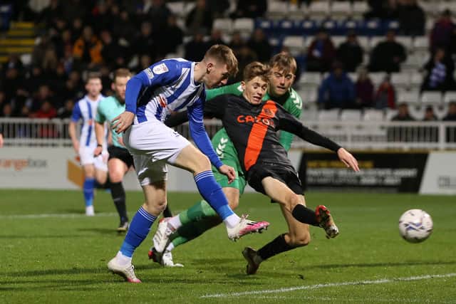 Hartlepool United's Matty Daly scores their first goal   during the EFL Trophy match between Hartlepool United and Everton at Victoria Park, Hartlepool on Tuesday 2nd November 2021. (Credit: Mark Fletcher | MI News)