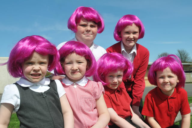 Freya Pennington (left) and her school friends at Burnside Primary School, Houghton, were getting ready to support Wig Wednesday for in 2014.