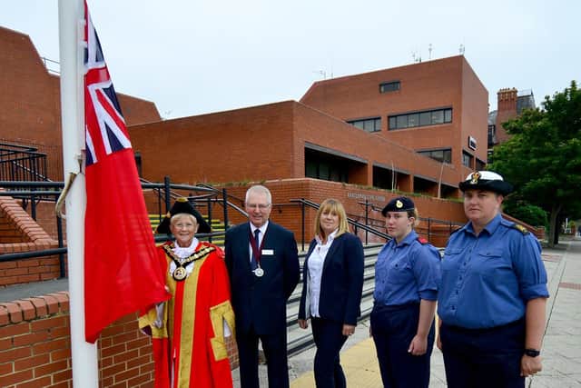 From left, The Mayor of Hartlepool Councillor Brenda Loynes, the Mayor's consort and husband Dennis, Denise McGuckin, who is the managing director of Hartlepool Borough Council, Hartlepool Sea Cadet Petty Officer Emma Fox and the Commanding officer of Hartlepool Sea Cadets, Petty Officer Jane Fox. Picture by FRANK REID.