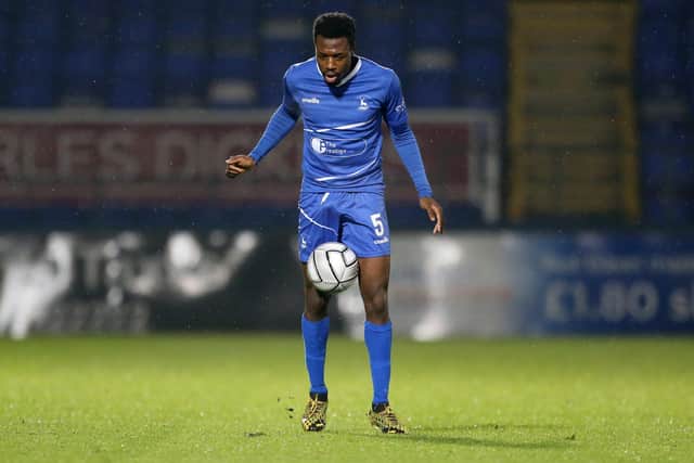 Timi Odusina of Hartlepool United during the Vanarama National League match between Hartlepool United and Kings Lynn Town at Victoria Park, Hartlepool on Tuesday 8th December 2020. (Credit: Mark Fletcher | MI News)