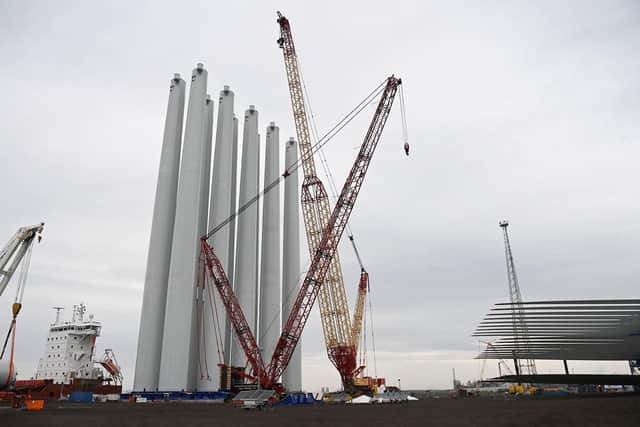 The Dogger Bank wind turbine towers at Able Seaton Port, Hartlepool, prior to being transported 70 miles out to sea. Picture by FRANK REID