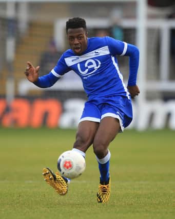 Hartlepool United's Timi Odusina during the Vanarama National League match between Hartlepool United and Notts County at Victoria Park, Hartlepool on Saturday 22nd February 2020. (Credit: Mark Fletcher | MI News)