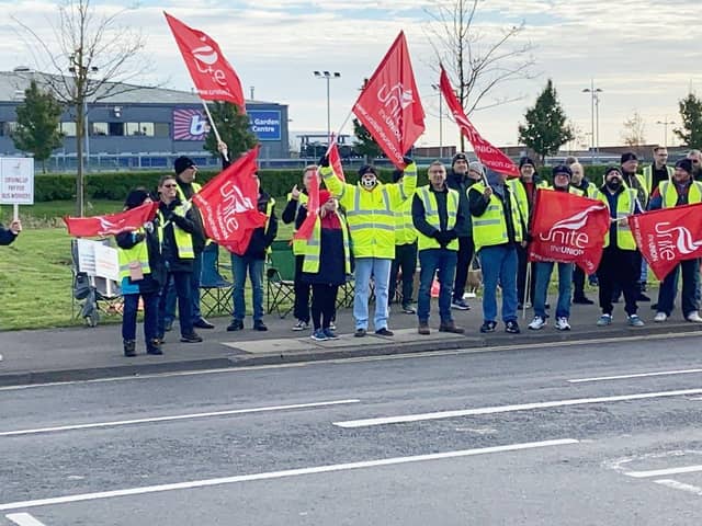 Stagecoach staff on the picket line outside of the Brenda Road depot in Hartlepool. Photograph by Frank Reid