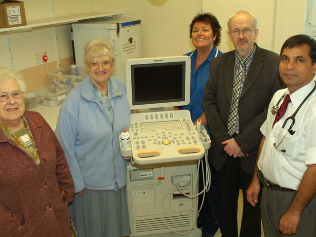 Left to right: Doreen Dixon and Sylvia Johnson from the Murray Street Charity Shop alongside a chest scanner they purchased with (left to right) specialist nurse Amanda Corbet, Dr Philip Sutton and Dr Anil Trivedi from Ward 11 at Hartlepool hospital in 2010.