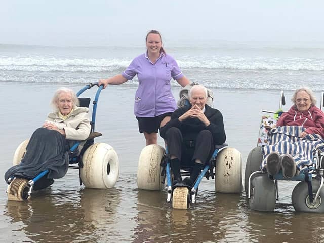 From left, Iris Harker, 96, Sophie Iddison, activities coordinator, Bernie Bell, 86, and Molly Grey, 95, at Seaton Carew.