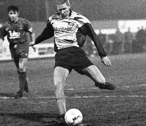 Hartlepool United striker Andy Saville steps up to score the only goal in the club's January 1993 FA Cup victory over Premier League Crystal Palace.