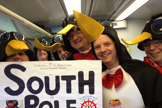 Penguin power! Hartlepool United fans on the train to London in 2013.