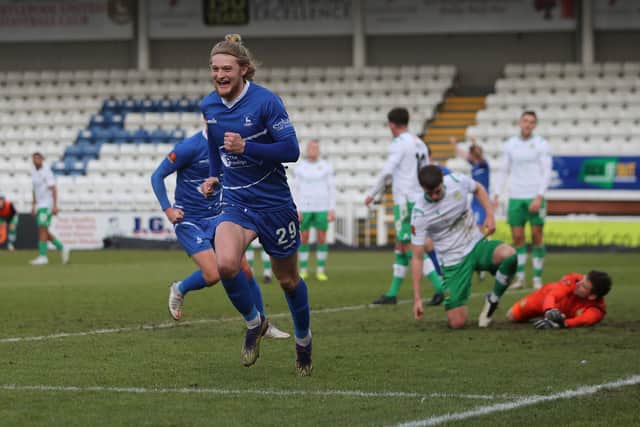 Hartlepool United's Luke Armstrong celebrates after scoring to make it 1-1 during the Vanarama National League match between Hartlepool United and Yeovil Town at Victoria Park, Hartlepool on Saturday 20th February 2021. (Credit: Mark Fletcher | MI News)