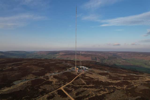 An aerial view of the new Bilsdale transmitter mast.