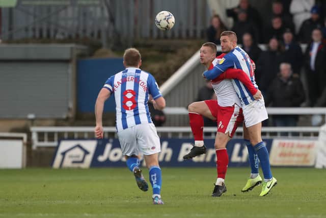 Nicky Featherstone grabbed an equaliser for Hartlepool United to cancel out Luke Norris' spot kick awarded for a foul by Gary Liddle. (Credit: Mark Fletcher | MI News)