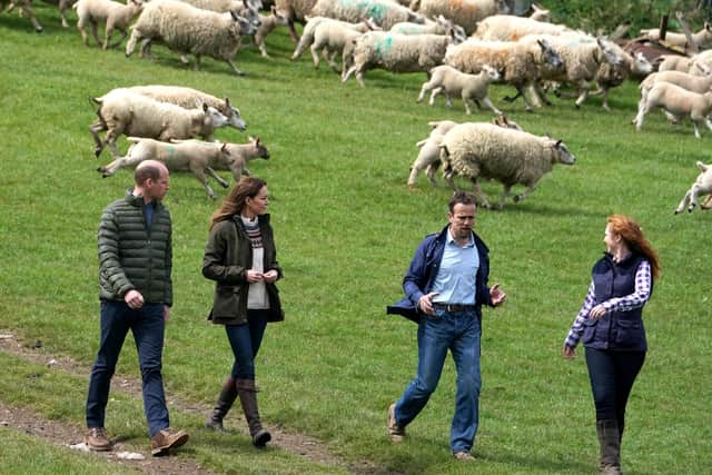 The Duke and Duchess of Cambridge (left) walk with farmers Stewart Chapman and his wife Clare Wise, during their visit to Manor Farm in Little Stainton, County Durham.