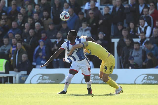 Josh Umerah was substituted for Hartlepool United after picking up a yellow card against Gillingham. (Credit: Mark Fletcher | MI News)
