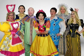 The cast of Snow White, from left to right, Gary Martin Davis, Benjamin Storey, Danny Posthill, Hannah Woodward, Davey Hopper, Steph Aird and Bethan Searle