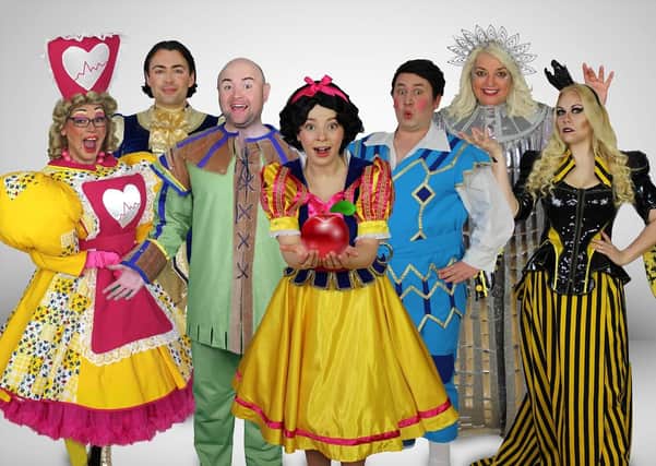 The cast of Snow White, from left to right, Gary Martin Davis, Benjamin Storey, Danny Posthill, Hannah Woodward, Davey Hopper, Steph Aird and Bethan Searle