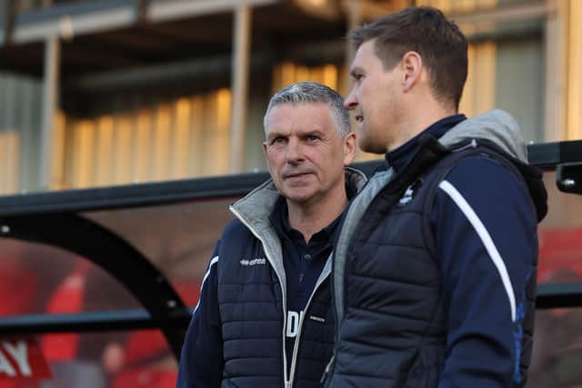 John Askey and Antony Sweeney ahead of Hartlepool United's defeat at Salford City. (Photo: Chris Donnelly | MI News)