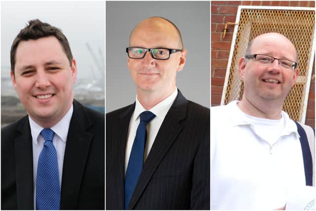 War of words: Tees Valley Mayor Ben Houchen (left) and Hartlepool Borough Council Leader Cllr Shane Moore (centre) have spoken out against the proposal being put in Hartlepool, Sacha Bedding (right) of The Wharton Trust has held presentations locally about the scheme.