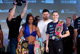 Claressa Shields, left, and Hartlepool's Savannah Marshall during the weigh-in at the Genesis Cinema, London, on Friday ahead of Saturday's grudge fight.