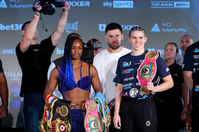 Claressa Shields, left, and Hartlepool's Savannah Marshall during the weigh-in at the Genesis Cinema, London, on Friday ahead of Saturday's grudge fight.